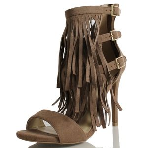 Shoes - Berlin51 Taupe Open Toe Faux Suede Strappy Fringe Shoes - Berlin51 Taupe Open Toe Faux Suede Strappy Fringe